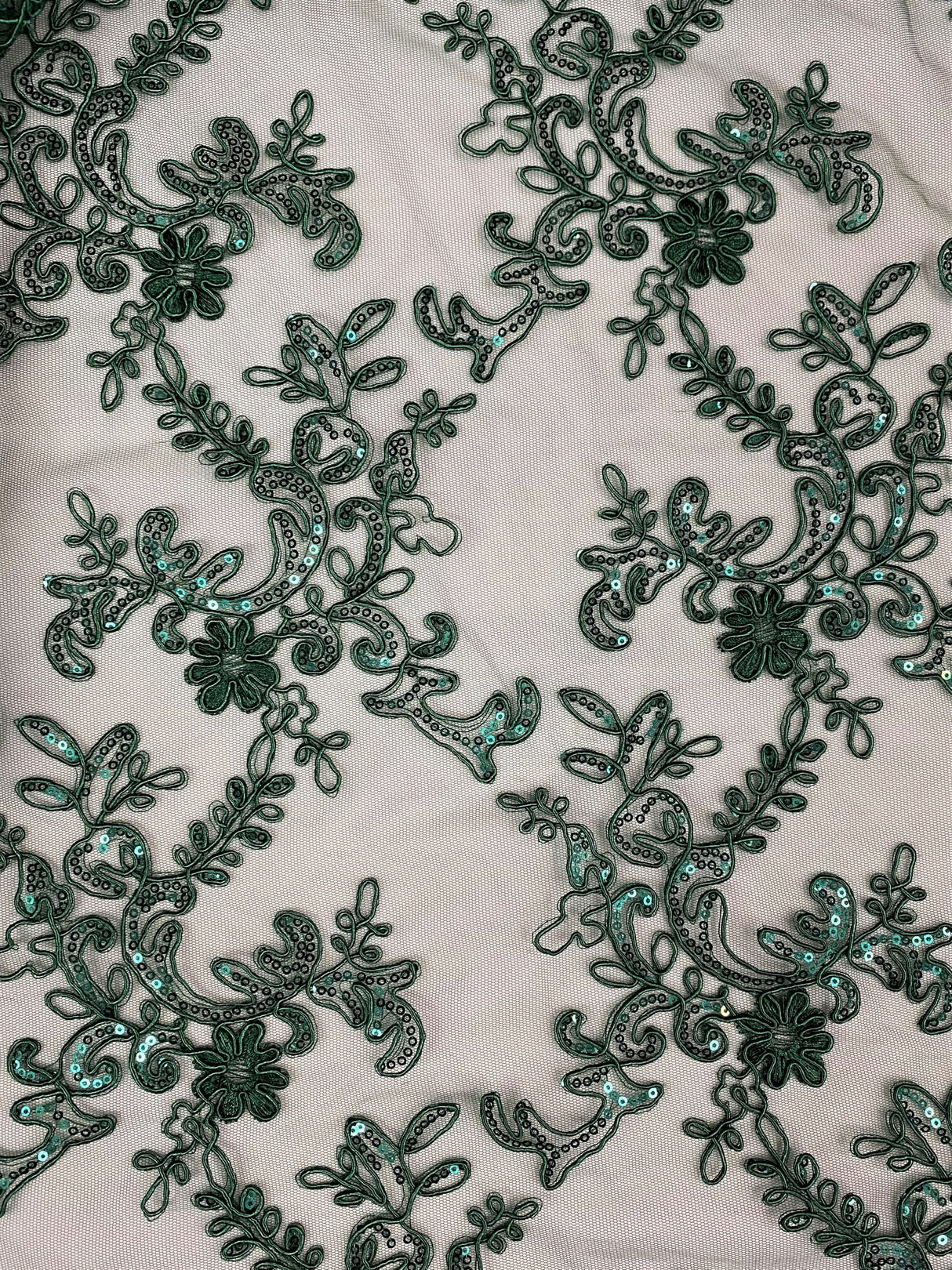 Elena's Lace Hunter Polyester Fabric - Corded Mesh Embroidered With Sequins, Hunter Green, Double Scalloped Edge, 54" Width (1 Yard)