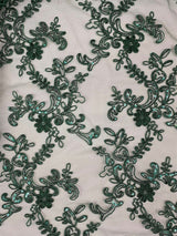 Elena's Lace Hunter Polyester Fabric - Corded Mesh Embroidered With Sequins, Hunter Green, Double Scalloped Edge, 54" Width (1 Yard)