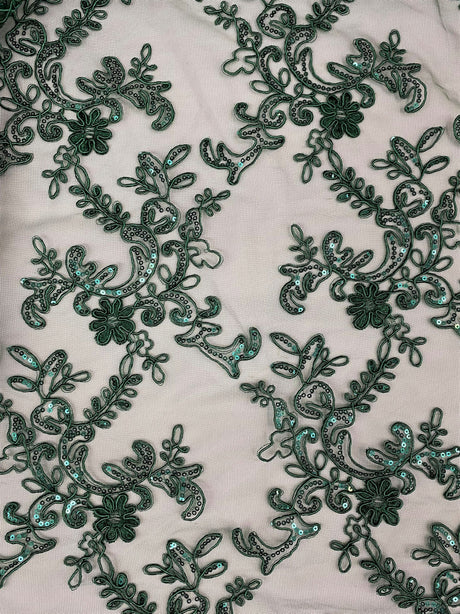 Elena's Lace Hunter Polyester Fabric - Corded Mesh Embroidered With Sequins, Hunter Green, Double Scalloped Edge, 54" Width (1 Yard)