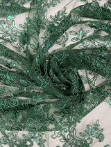 Elena's Lace Hunter Polyester Fabric - Corded Mesh Embroidered With Sequins, Hunter Green, Double Scalloped Edge, 54" Width (1 Yard)