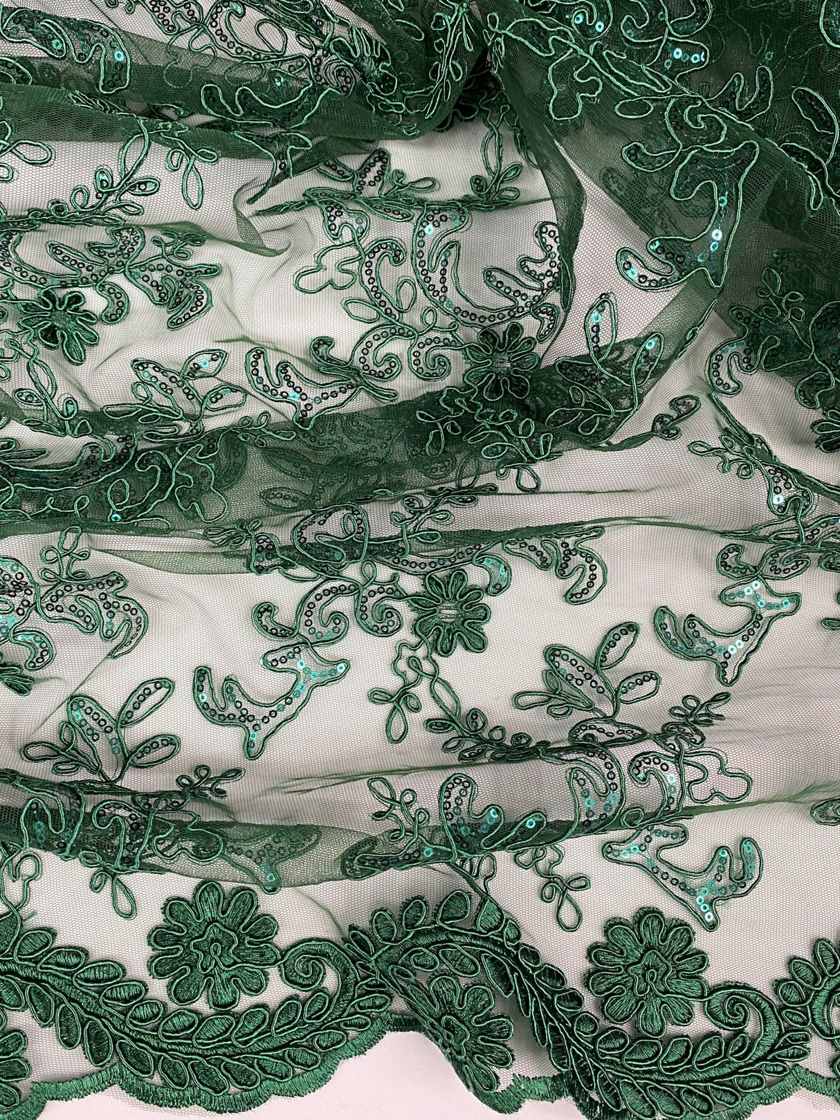 Elena's Lace Hunter Polyester Fabric - Corded Mesh Embroidered With Sequins, Hunter Green, Double Scalloped Edge, 54" Width (1 Yard)