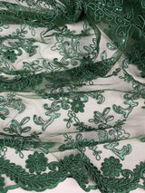 Elena's Lace Hunter Polyester Fabric - Corded Mesh Embroidered With Sequins, Hunter Green, Double Scalloped Edge, 54" Width (1 Yard)