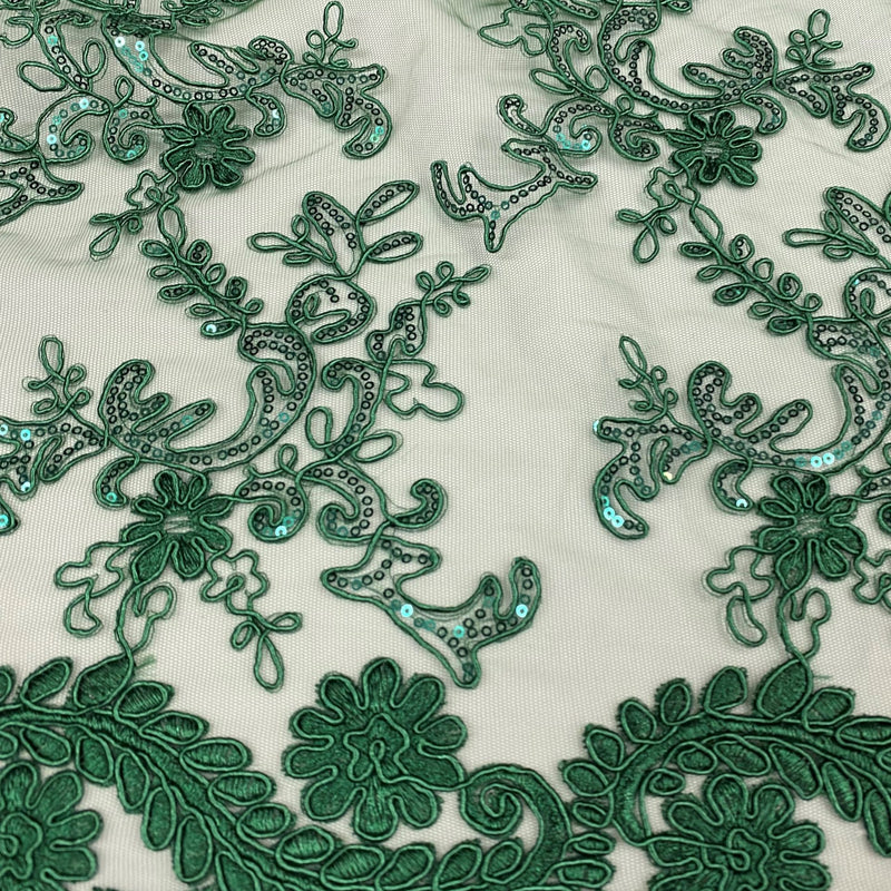 Elena's Lace Hunter Polyester Fabric - Corded Mesh Embroidered With Sequins, Hunter Green, Double Scalloped Edge, 54" Width (1 Yard)