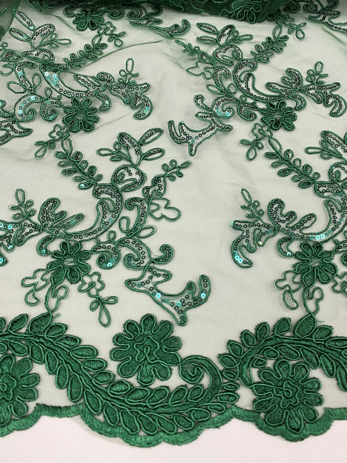 Elena's Lace Hunter Polyester Fabric - Corded Mesh Embroidered With Sequins, Hunter Green, Double Scalloped Edge, 54" Width (1 Yard)