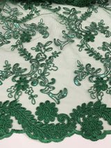Elena's Lace Hunter Polyester Fabric - Corded Mesh Embroidered With Sequins, Hunter Green, Double Scalloped Edge, 54" Width (1 Yard)