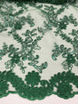 Elena's Lace Hunter Polyester Fabric - Corded Mesh Embroidered With Sequins, Hunter Green, Double Scalloped Edge, 54" Width (1 Yard)
