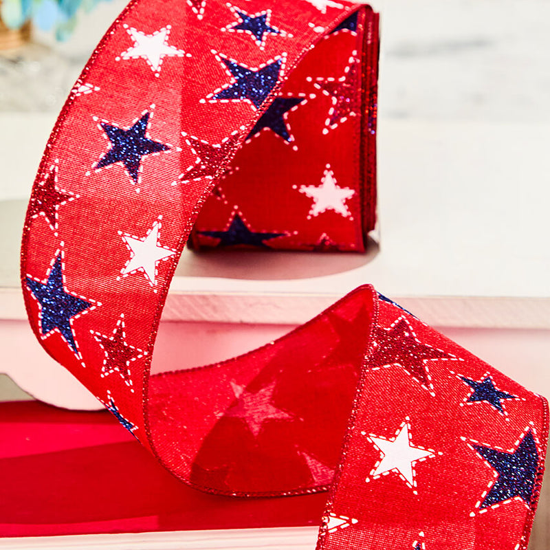 2.5" x 10 Yard Red Ribbon with White & Blue Stars