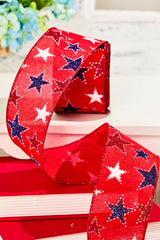 2.5" x 10 Yard Red Ribbon with White & Blue Stars