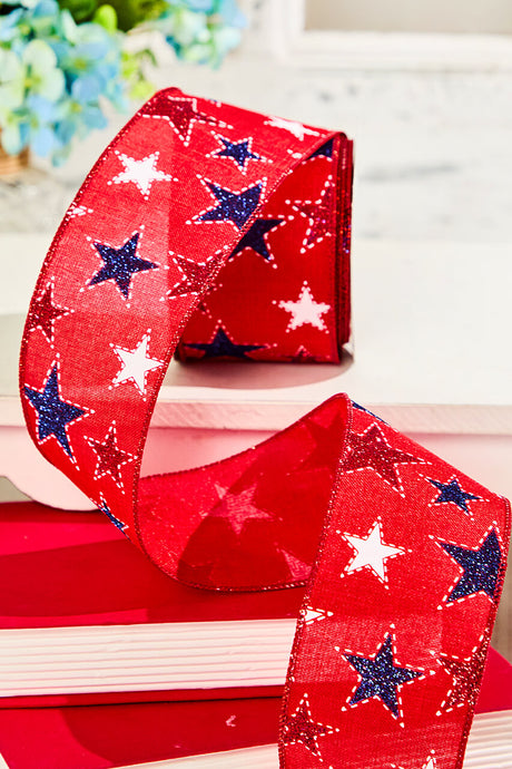 2.5" x 10 Yard Red Ribbon with White & Blue Stars