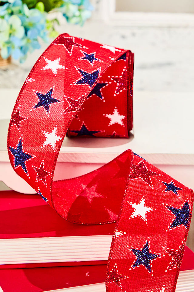 2.5" x 10 Yard Red Ribbon with White & Blue Stars