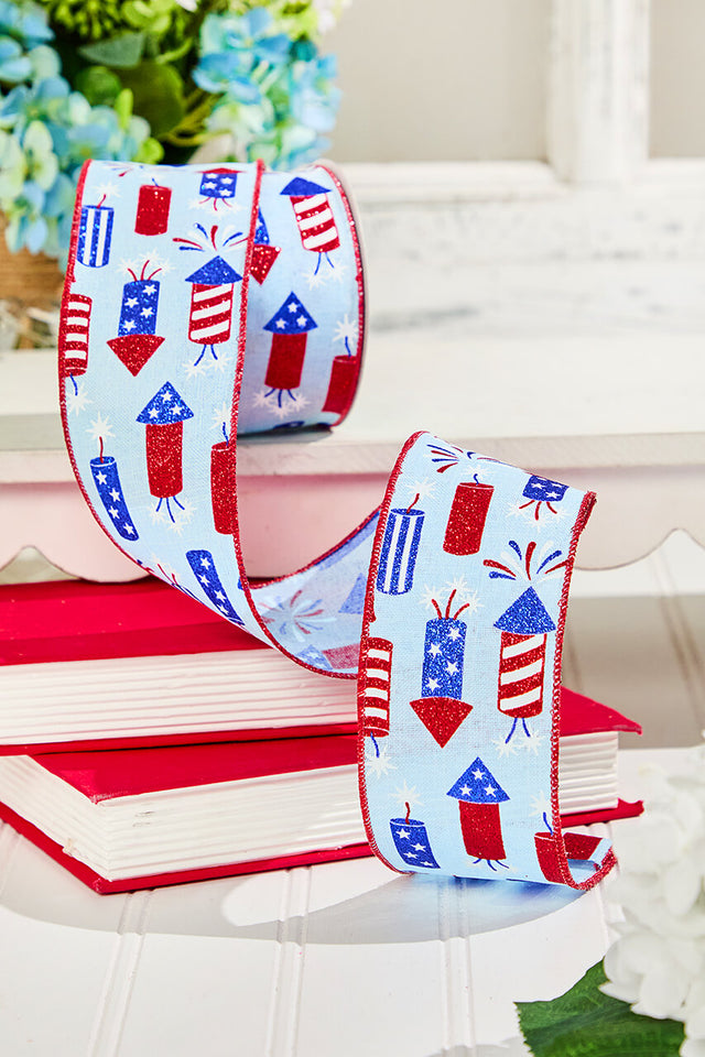 2.5" x 10 Yard Blue Firecracker Fourth Of July Ribbon