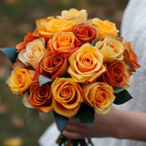 Yellow Orange Roses Bridesmaids Bouquets 3 Sets Fresh Wedding Flowers 28 Stems Romantic