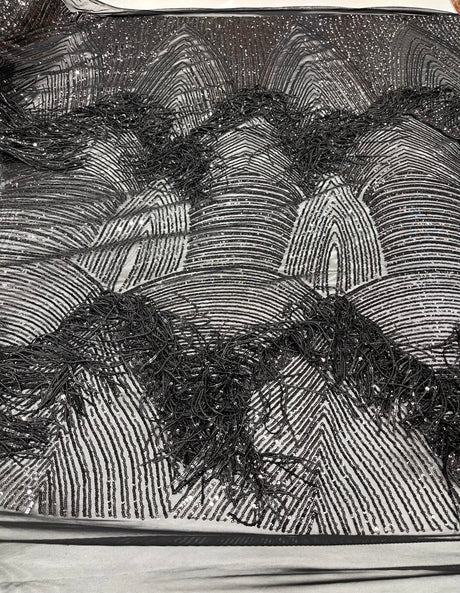Fringe Sequin Polyester Fabric - 4 Way Stretch Mesh, Fringe Sequins, 54" Width (1 Yard)