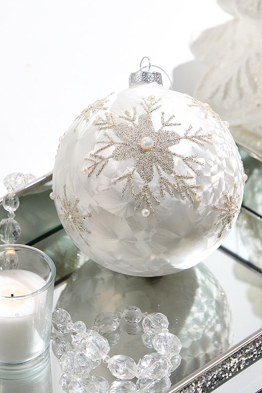 5" Pearl Snowflake Glass Ball Ornament
