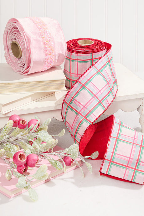 4 Inch x 10 Yard Red Green Pink Plaid Wired Christmas Ribbon Festive Gift Wrap Holiday Decor