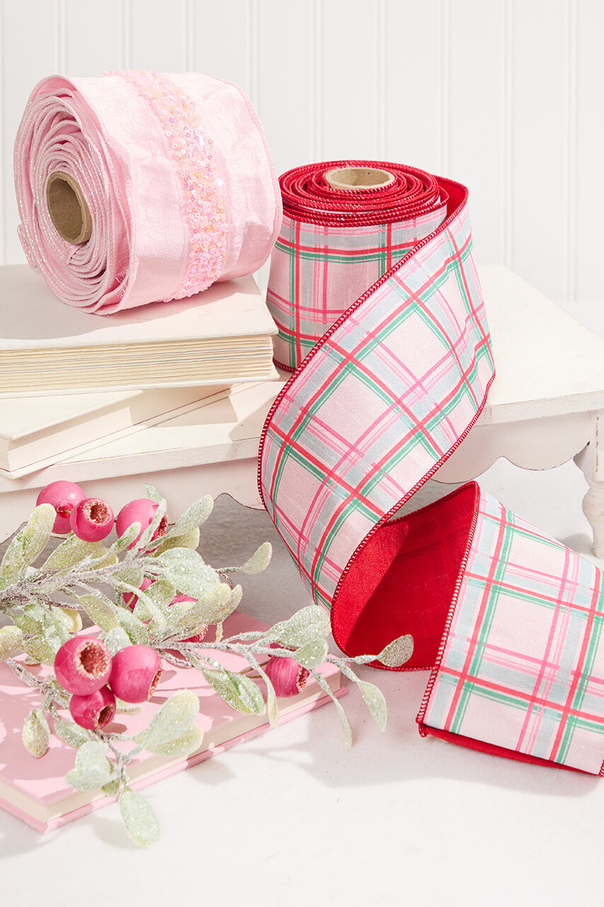 4" x 10 Yard Red/Green/Pink on White Plaid Ribbon