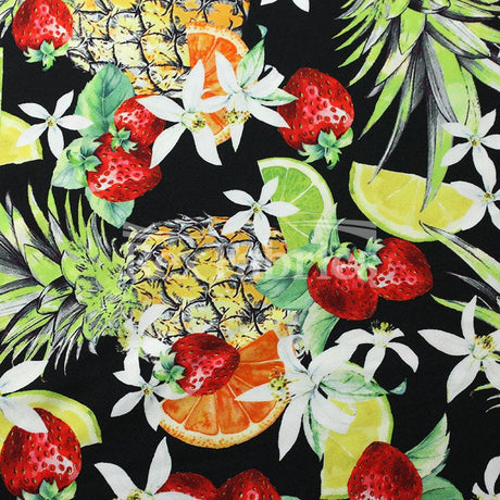 Fruit Cocktail Nylon Spandex Fabric - Orange And Black Multi, Tropical Fruit Print, 58/60" Width (1 Yard)