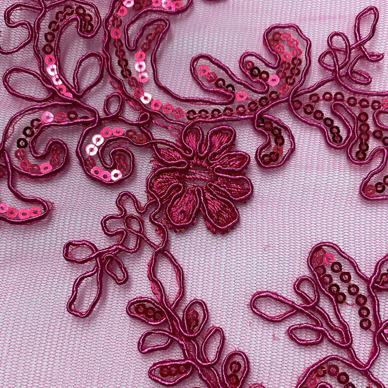 Elena's Lace Fuchsia Polyester Lace Fabric - Fuchsia Corded Mesh Embroidered With Sequins, Double Scalloped Edge, 54" Width (1 Yard)