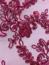 Elena's Lace Fuchsia Polyester Lace Fabric - Fuchsia Corded Mesh Embroidered With Sequins, Double Scalloped Edge, 54" Width (1 Yard)