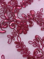 Elena's Lace Fuchsia Polyester Lace Fabric - Fuchsia Corded Mesh Embroidered With Sequins, Double Scalloped Edge, 54" Width (1 Yard)