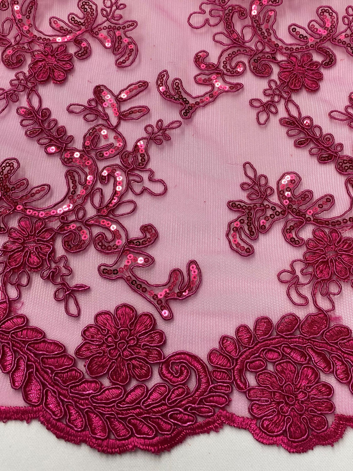 Elena's Lace Fuchsia Polyester Lace Fabric - Fuchsia Corded Mesh Embroidered With Sequins, Double Scalloped Edge, 54" Width (1 Yard)