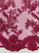Elena's Lace Fuchsia Polyester Lace Fabric - Fuchsia Corded Mesh Embroidered With Sequins, Double Scalloped Edge, 54" Width (1 Yard)