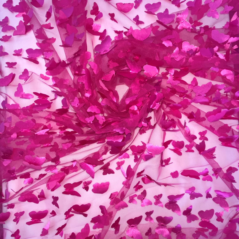 1 Yard Fuchsia 3D Butterfly Stretch Mesh Fabric with Satin Appliqué for Costumes and Dresses 54 Inch Wide