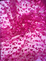 3D Butterflies Fuchsia Polyester Mesh Fabric - Satin Butterflies, Fuchsia, 54" Width
