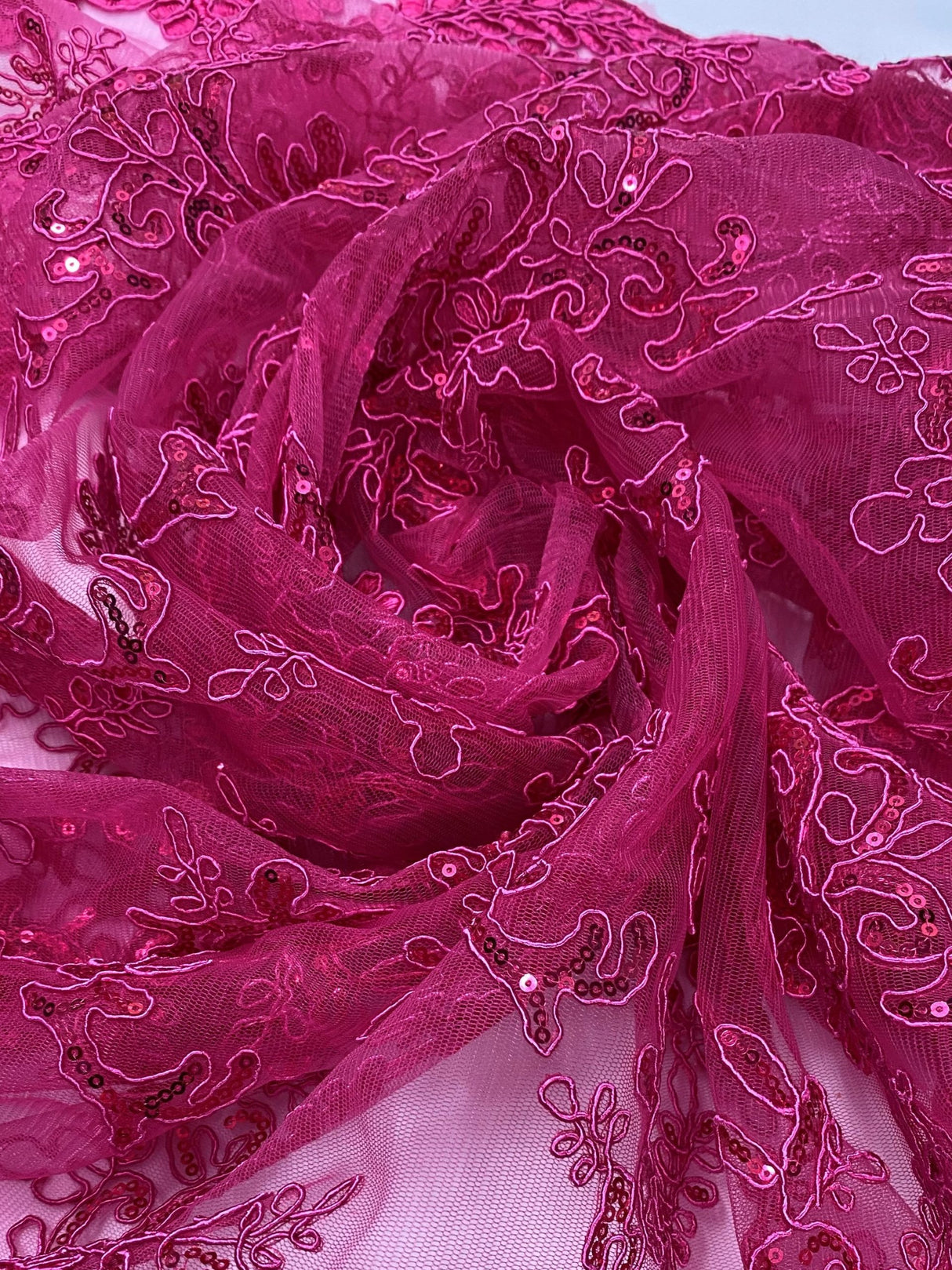 Elena's Lace Fuchsia Polyester Lace Fabric - Fuchsia Corded Mesh Embroidered With Sequins, Double Scalloped Edge, 54" Width (1 Yard)