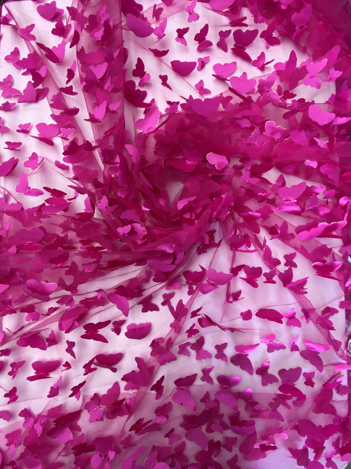 3D Butterflies Fuchsia Polyester Mesh Fabric - Satin Butterflies, Fuchsia, 54" Width