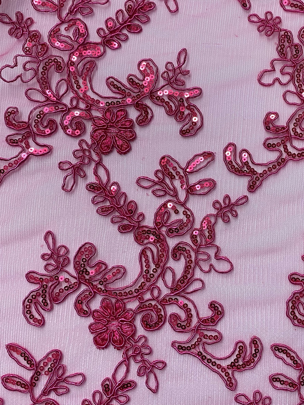 Elena's Lace Fuchsia Polyester Lace Fabric - Fuchsia Corded Mesh Embroidered With Sequins, Double Scalloped Edge, 54" Width (1 Yard)
