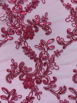 Elena's Lace Fuchsia Polyester Lace Fabric - Fuchsia Corded Mesh Embroidered With Sequins, Double Scalloped Edge, 54" Width (1 Yard)