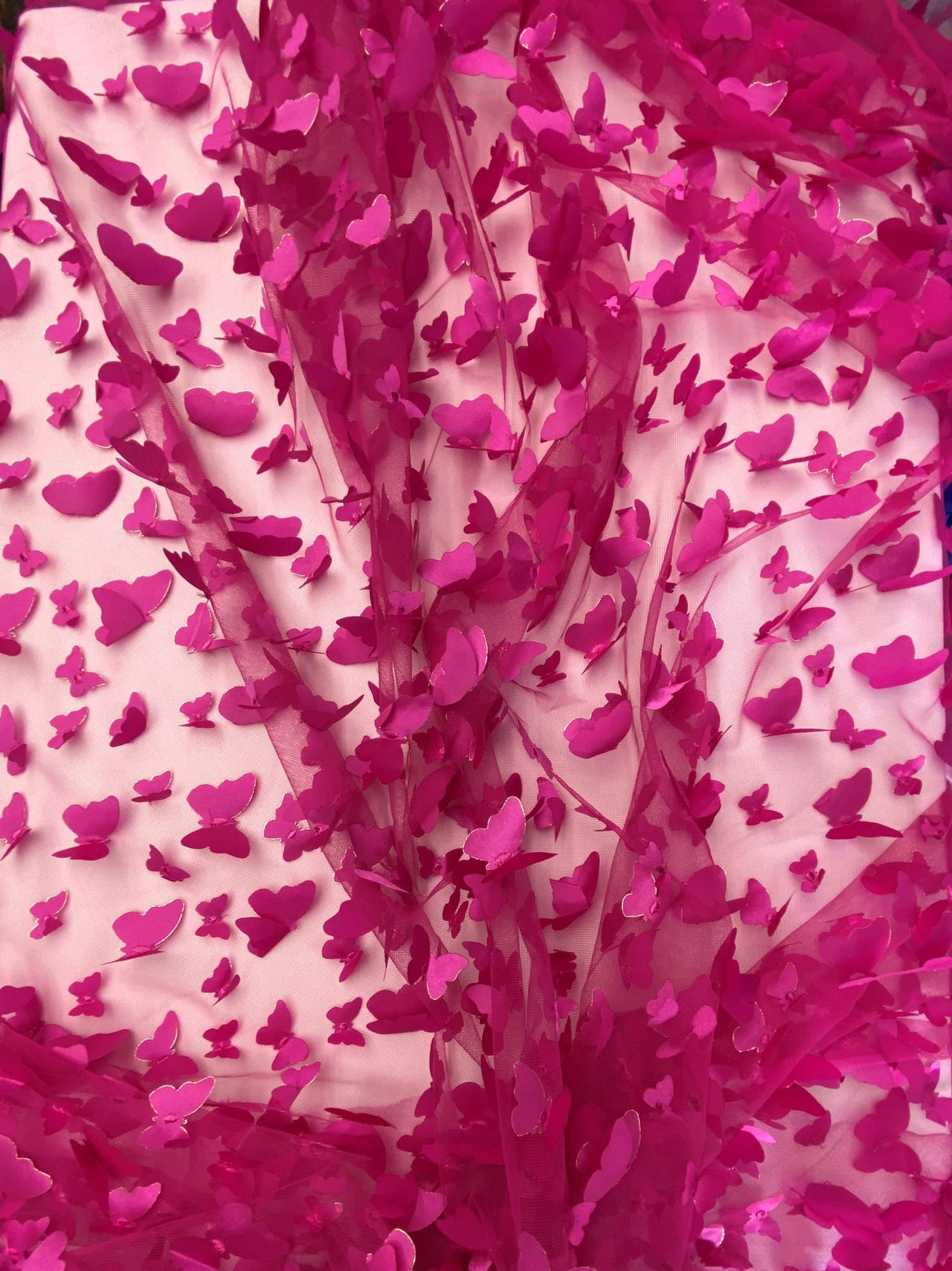 3D Butterflies Fuchsia Polyester Mesh Fabric - Satin Butterflies, Fuchsia, 54" Width