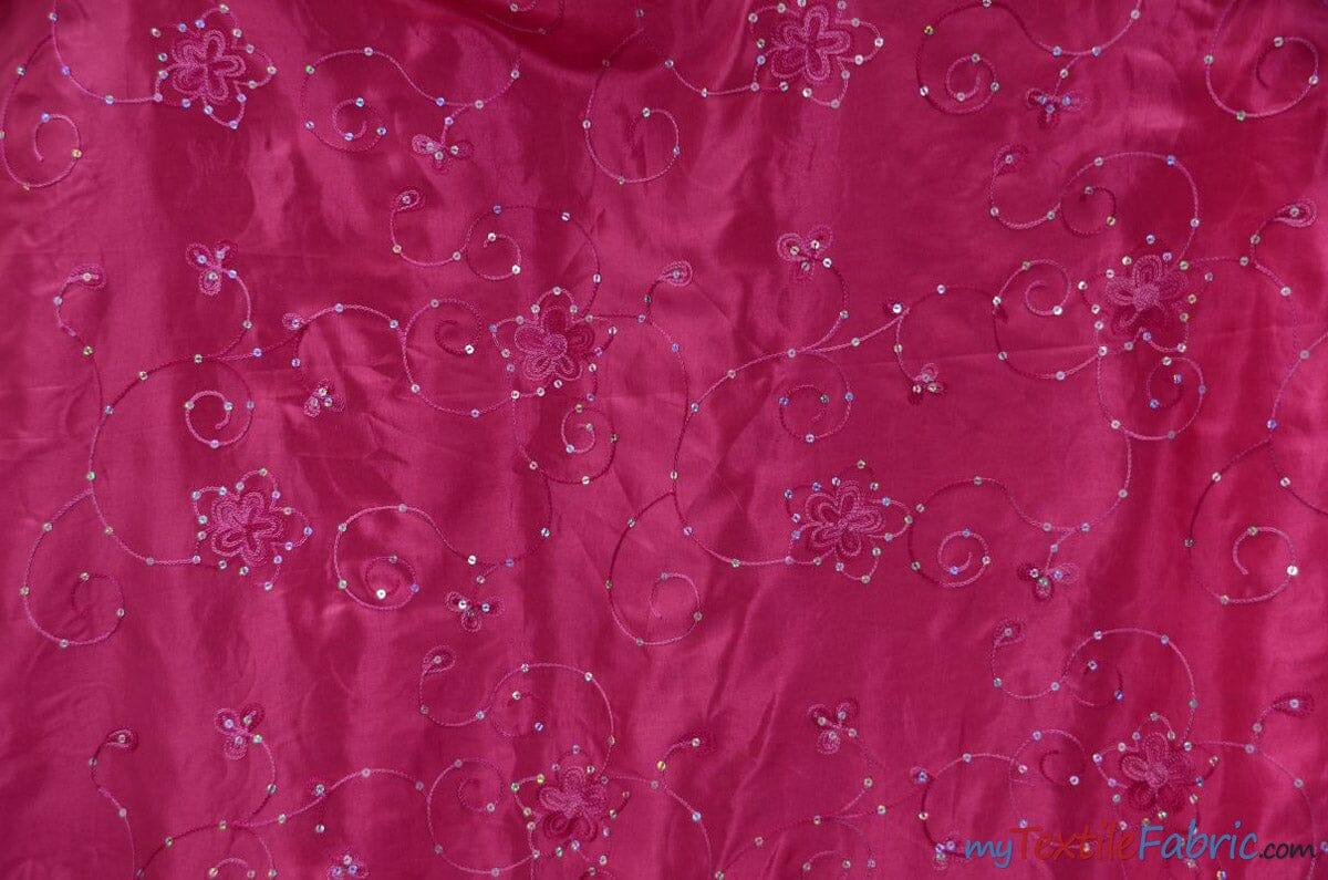 Aurora Taffeta Embroidered Floral Taffeta Fabric - Multi Color Floral Embroidery With Sequins, 54" Width (1 Yard)