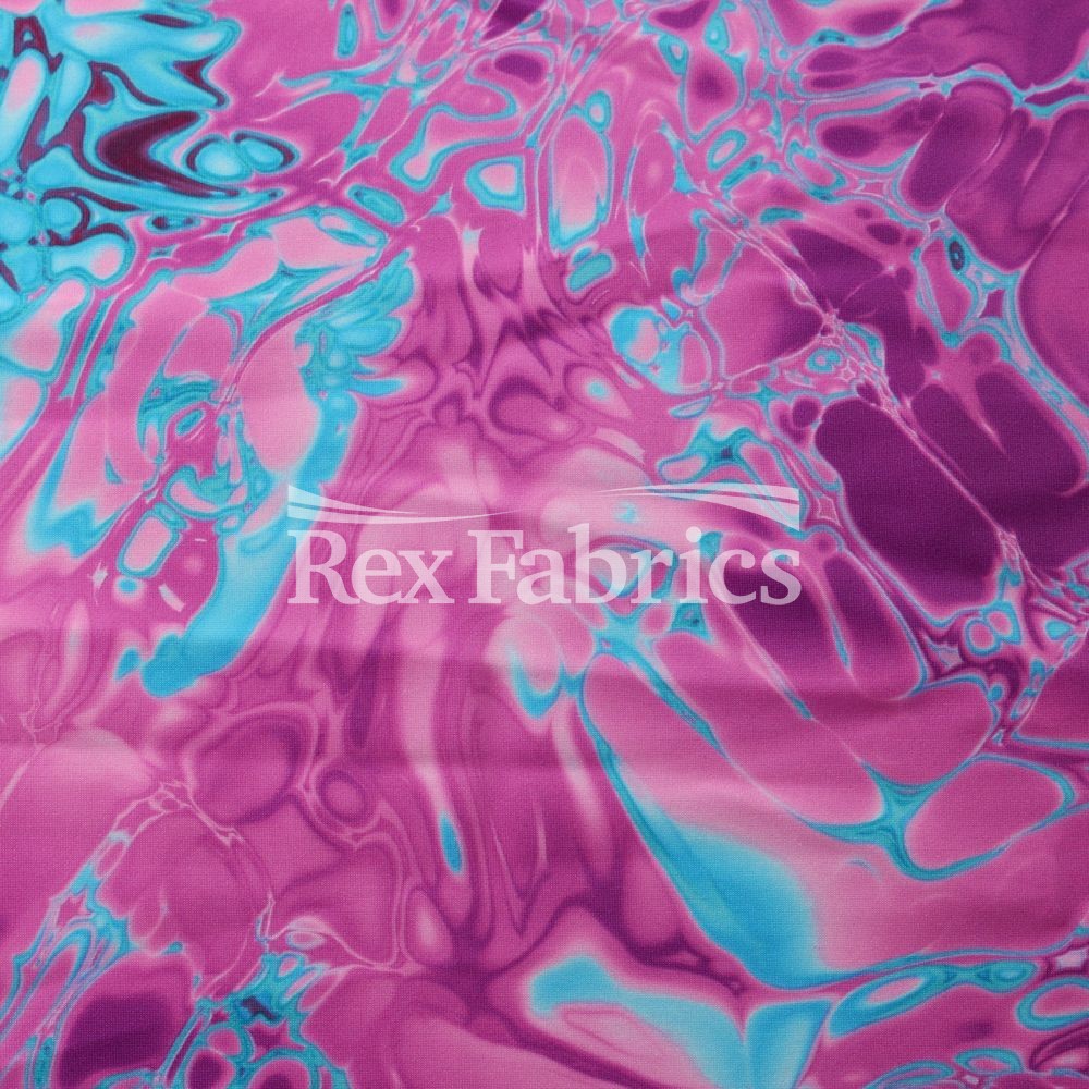 Vapor Wave Polyester Spandex Fabric - Teal, Fuchsia, Purple/Green, Orange Marble Pattern, 58/60" Width (1 Yard)