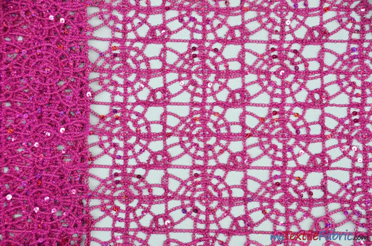 Open Weave Chain Chemical Lace Polyester Fabric - Sheer Metallic Open Work, Sequins Embellished, 50" Width, 10 Colors (1 Yard)