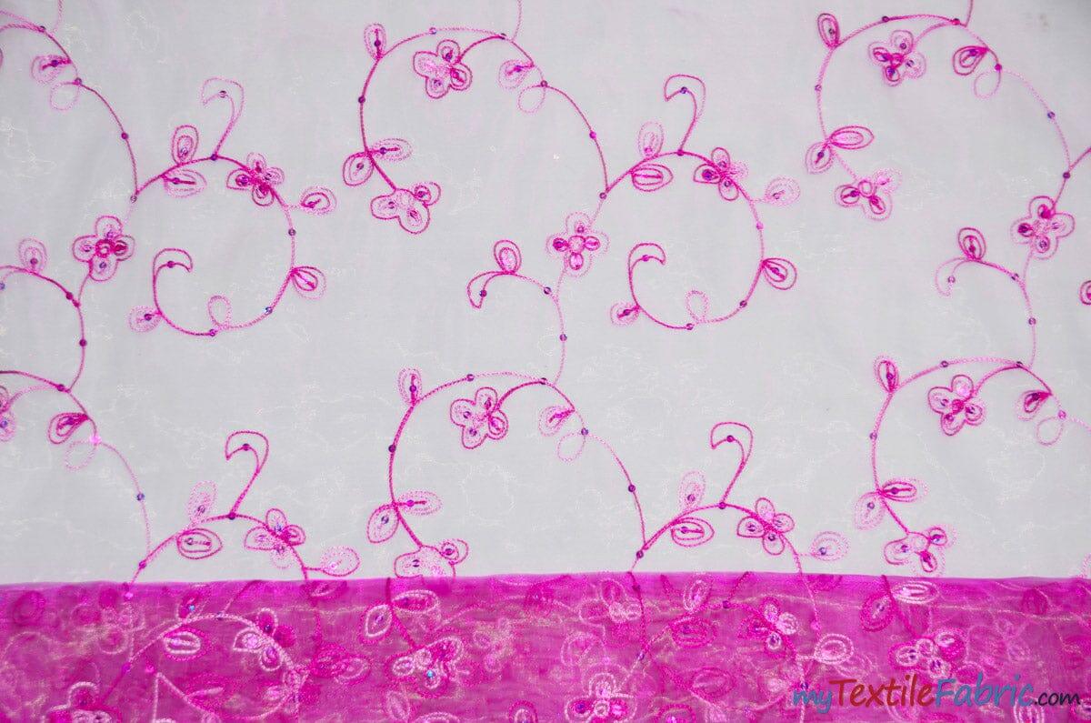 Dahlia Organza Embroidery Polyester Fabric - Embroidered Floral Sheer With Sequins Embellishment, 54" Width (1 Yard)