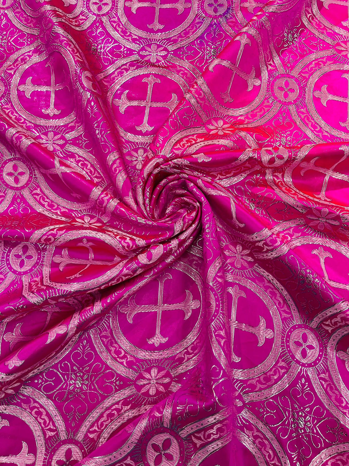Rectangular Metallic Cross Brocade Jacquard Satin Fabric - Fuchsia/Silver, 60" Width (1 Piece)