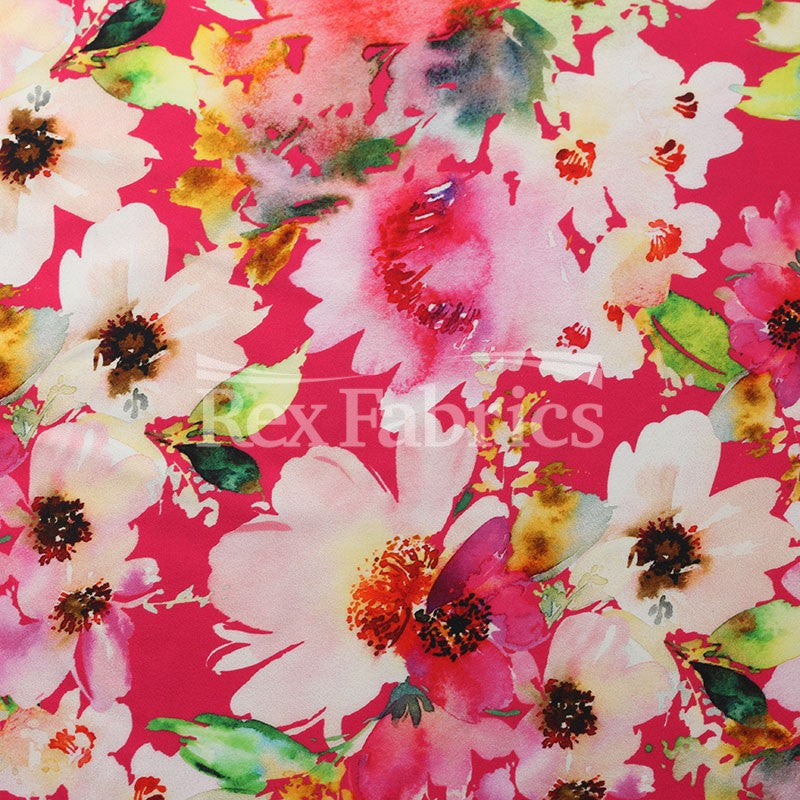 Full Bloom Nylon Spandex Fabric - Blue/Neon Pink, Floral Print, 58/60" Width (1 Yard)