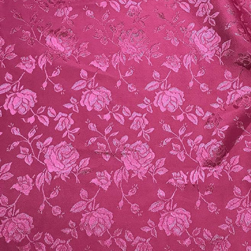 Fuchsia Rose Floral Jacquard Satin Fabric - Floral Jacquard Brocade, Fuchsia, 60" Width
