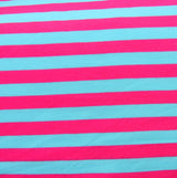 Cotton Lycra Knit Fabric Turquoise Blue and Fuschia Stripe