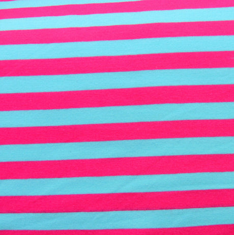 Cotton Lycra Knit Fabric Turquoise Blue and Fuschia Stripe