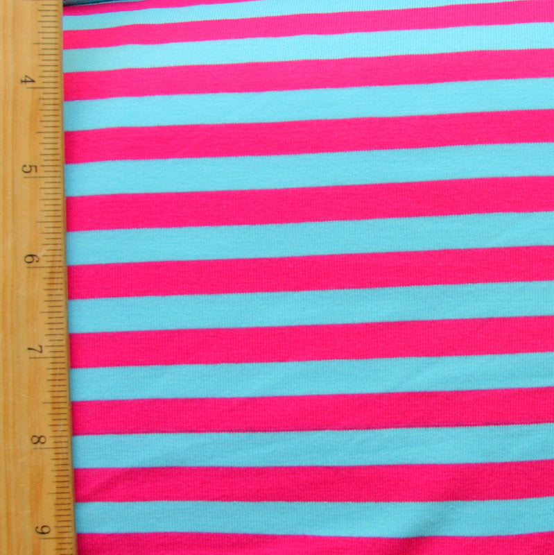 Cotton Lycra Knit Fabric Turquoise Blue and Fuschia Stripe