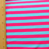Cotton Lycra Knit Fabric Turquoise Blue and Fuschia Stripe