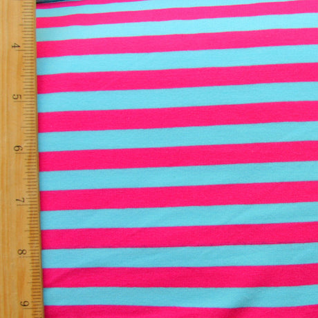 Cotton Lycra Knit Fabric Turquoise Blue and Fuschia Stripe