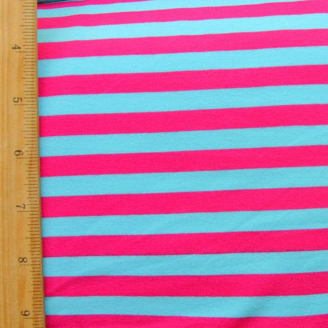 Cotton Lycra Knit Fabric Turquoise Blue and Fuschia Stripe