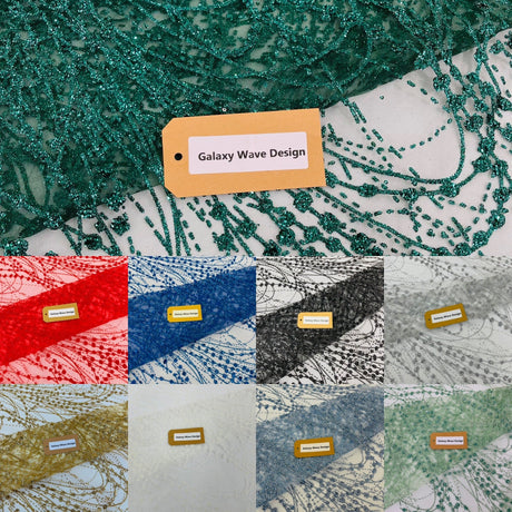 Galaxy Glitter Design Mesh Lace Polyester Fabric - Glitter Galaxy Pattern, 52-54" Width (1 Yard)