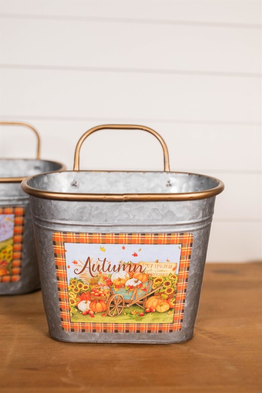 12" Galvanized Metal Harvest Scene Wall Hanging Buckets - Set of 3