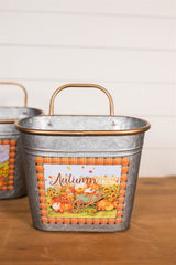 12" Galvanized Metal Harvest Scene Wall Hanging Buckets - Set of 3