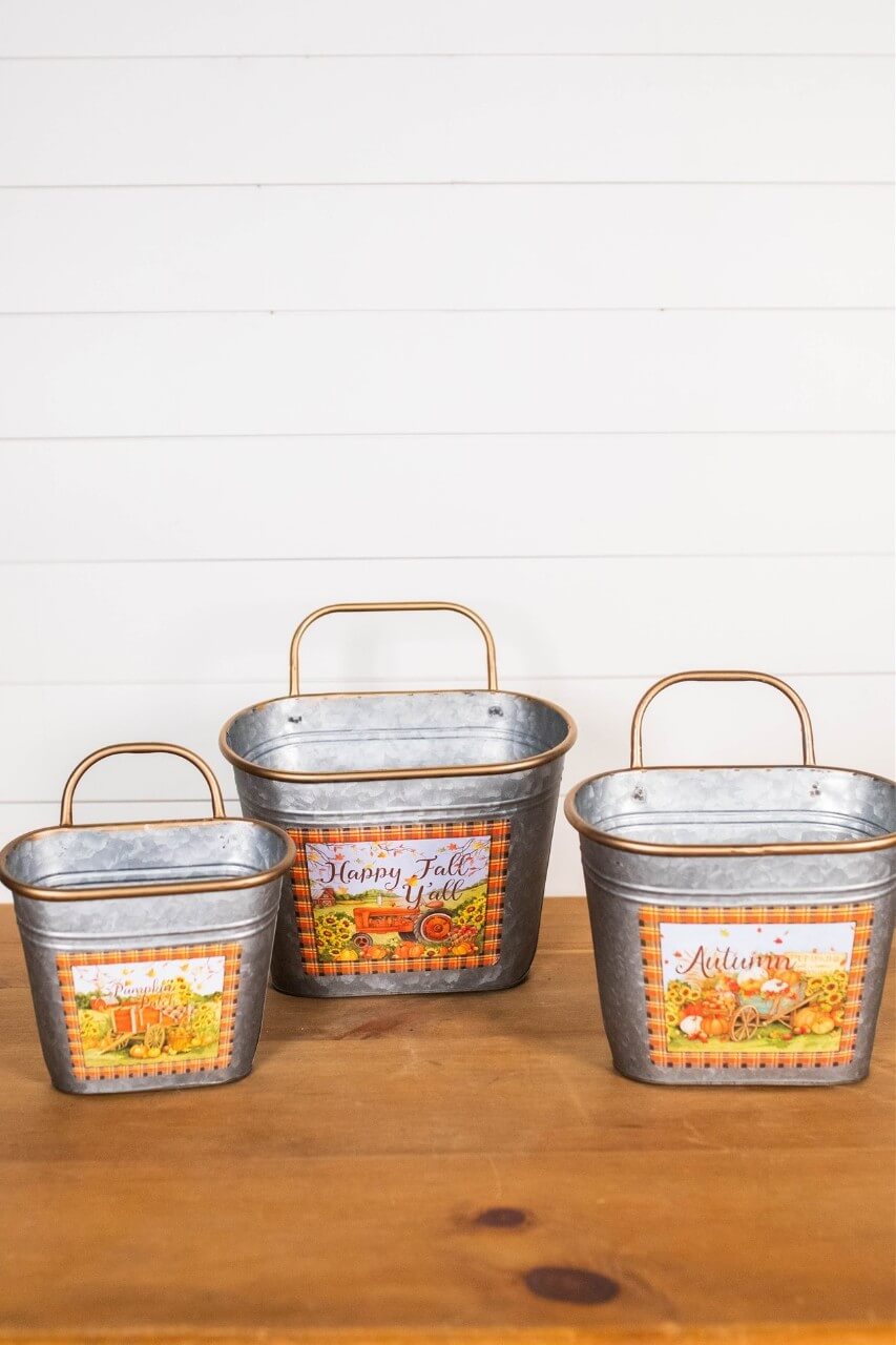 12" Galvanized Metal Harvest Scene Wall Hanging Buckets - Set of 3